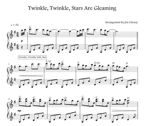 Sheet music preview for Twinkle, Twinkle, Stars are Gleaming piano by Jon Cheney