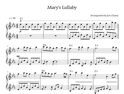 Sheet music preview for Mary's Lullaby piano by Jon Cheney