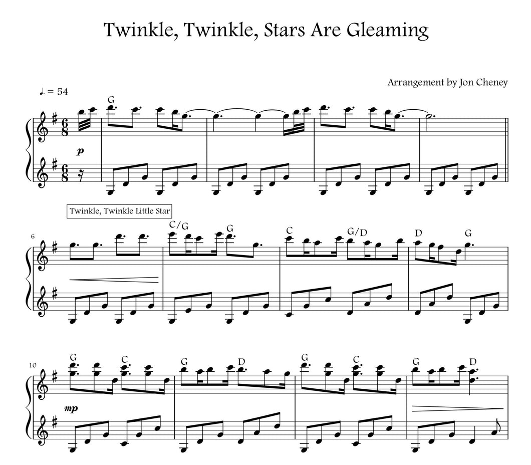 Sheet music preview for Twinkle, Twinkle, Stars are Gleaming piano by Jon Cheney