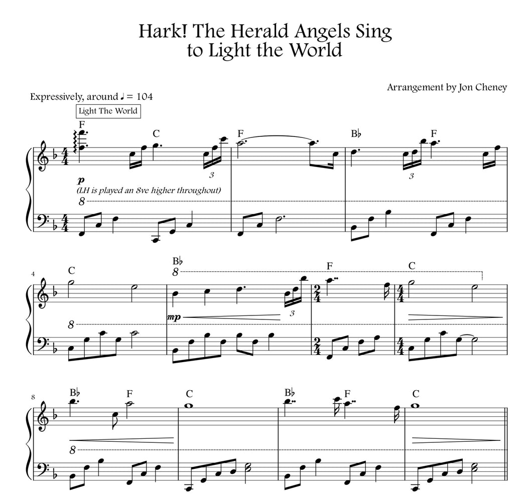 Sheet music preview for Hark the Herald Angels Sing to Light the World piano by Jon Cheney