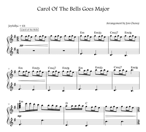 Sheet music preview for Carol of the Bells Goes Major Christmas piano by Jon Cheney